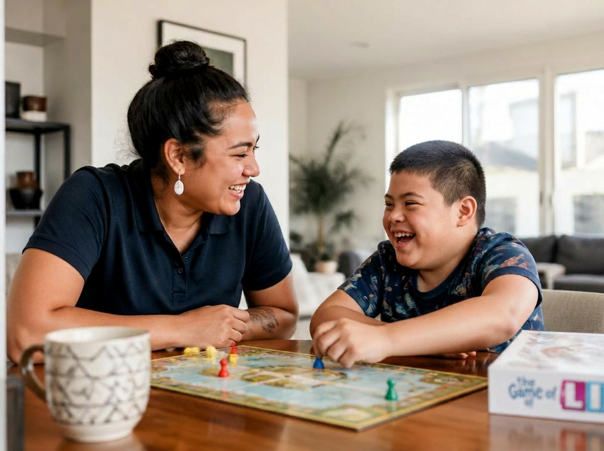 Caregiver playing a board game with a child in a bright home