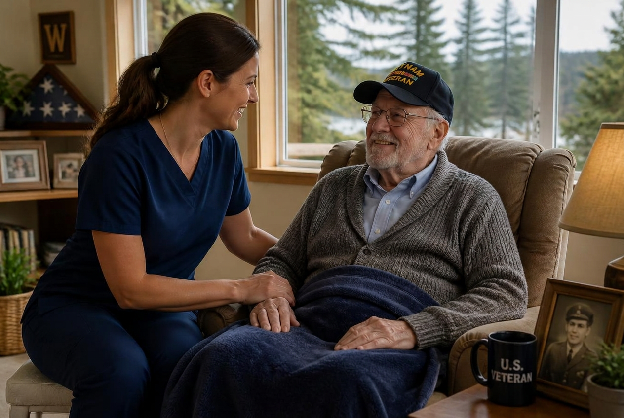 Caregiver sitting with an elderly veteran in a cozy Washington home